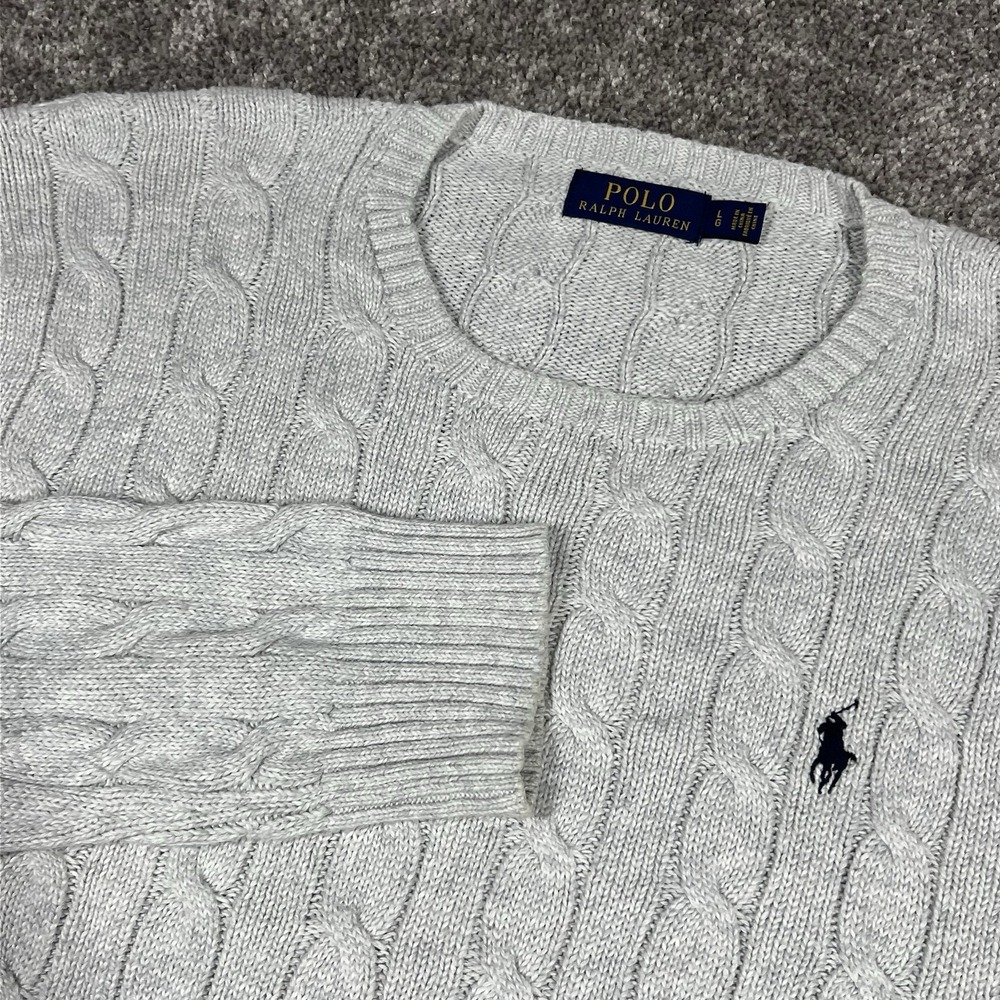 Polo Ralph Lauren Gray Cotton Crew Neck Cable Knit Sweater Men Size Large